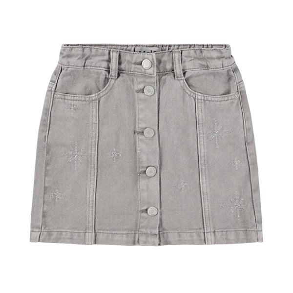 Gonna in denim grigio con ricami argentati per bambina
