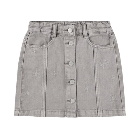 Gonna in denim grigio con ricami argentati per bambina