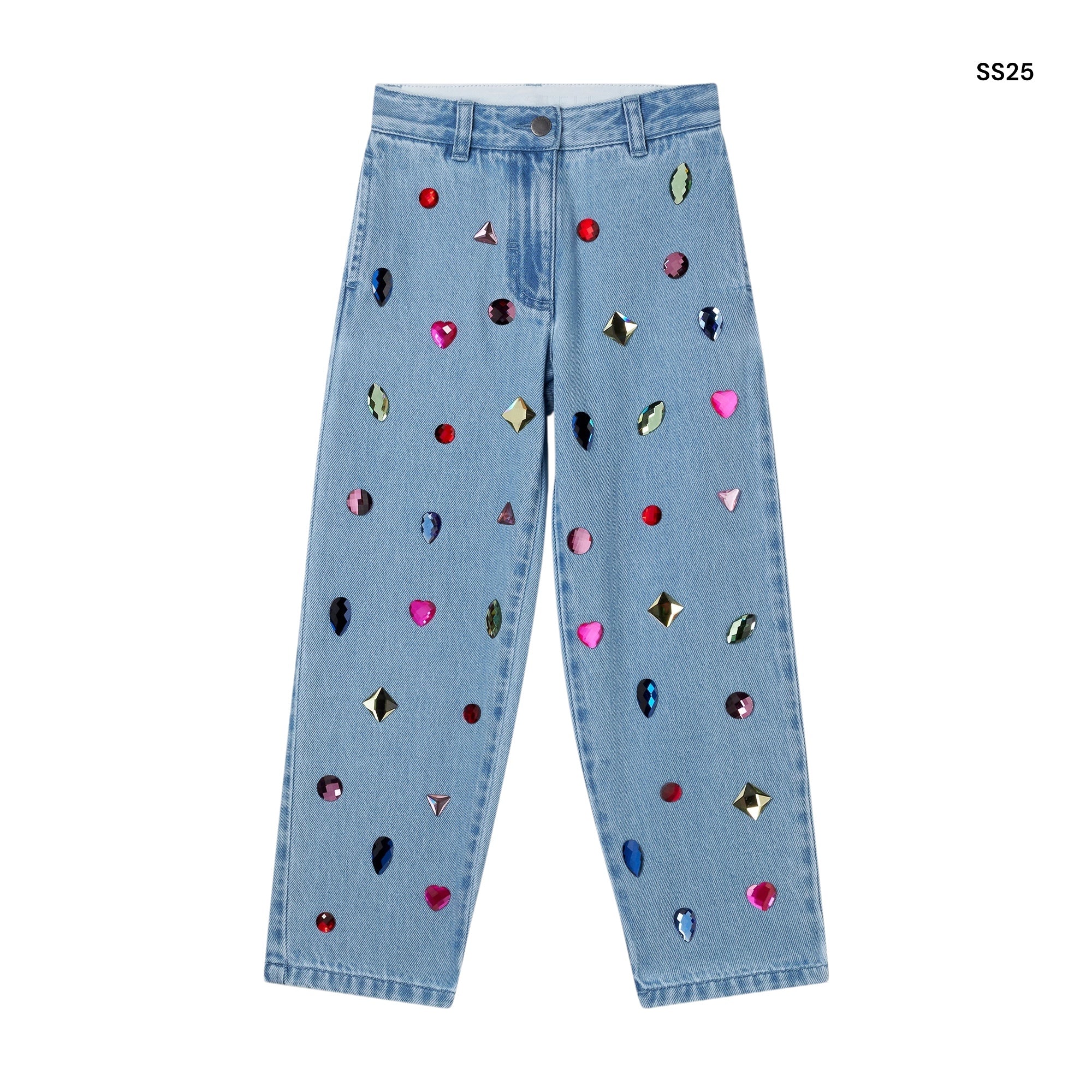 Jeans in denim celeste con pietre per bambina