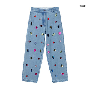 Jeans in denim celeste con pietre per bambina