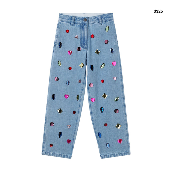 Jeans in denim celeste con pietre per bambina
