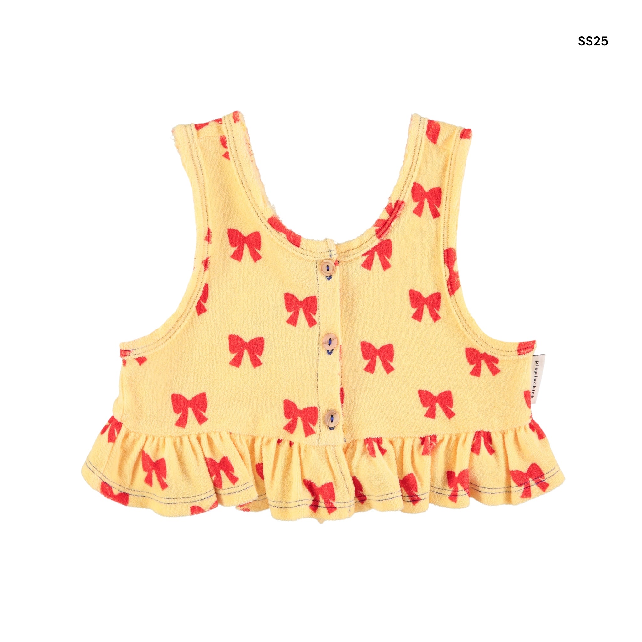 Top in spugna giallo con fiocchi rossi per bambina