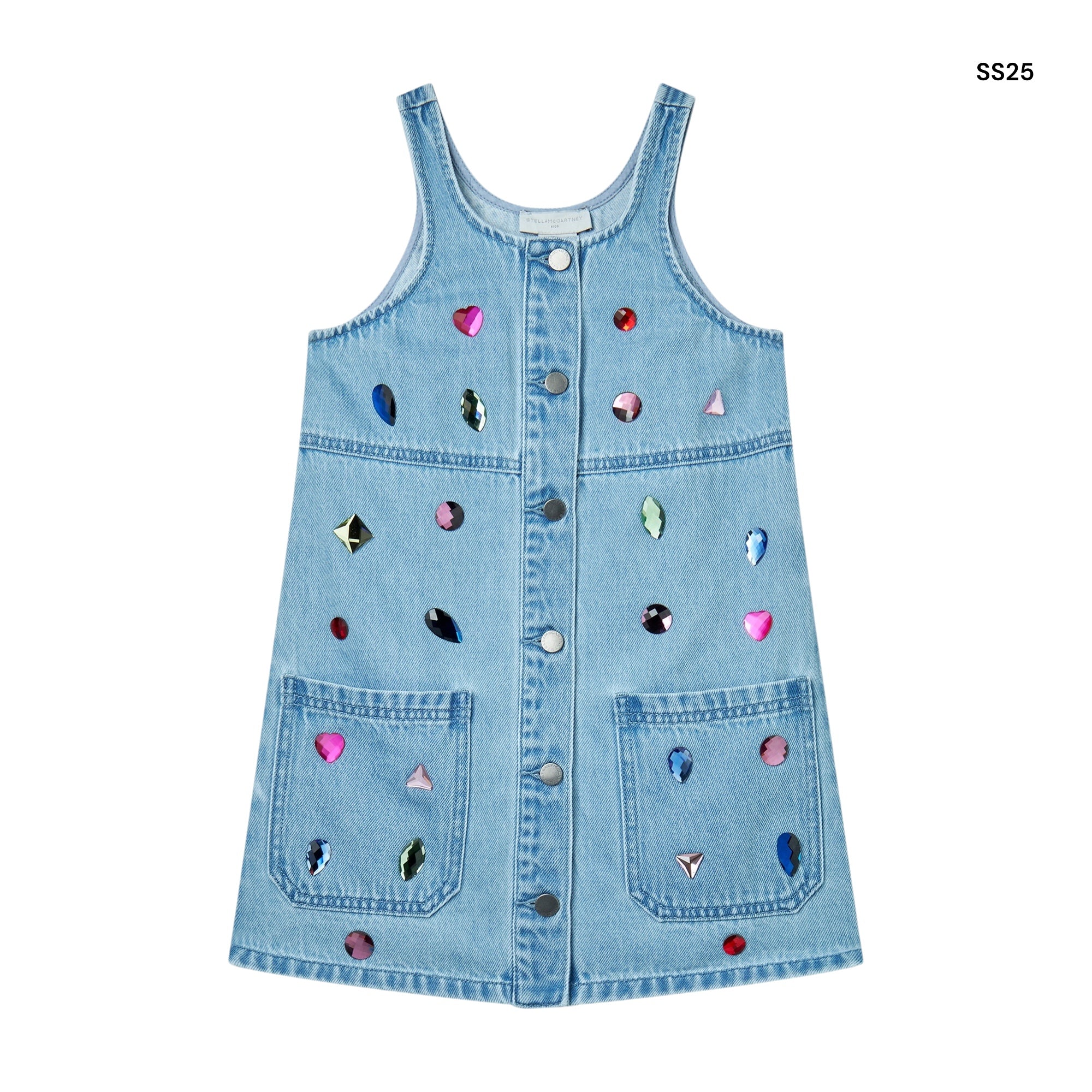 Salopette in denim celeste con pietre per bambina