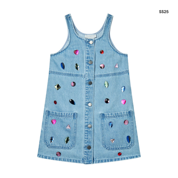Salopette in denim celeste con pietre per bambina