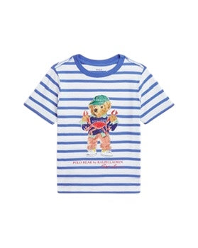 T-shirt bianca a righe avio con stampa per neonati e bambini