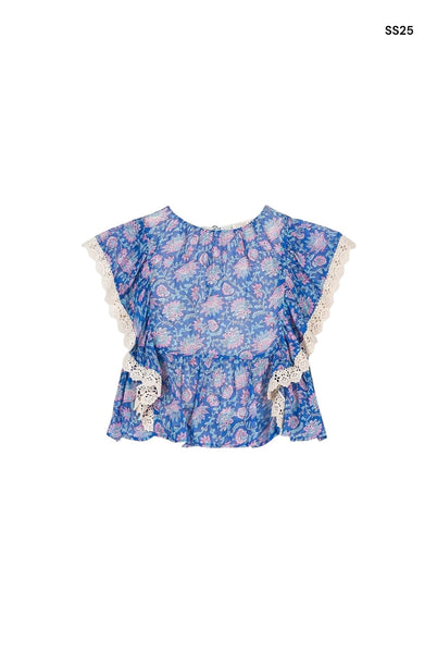 Blusa blu con stampa fiori all over per neonata e bambina