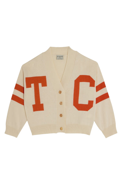 Cardigan in maglia panna con dettagli rossi per bambini