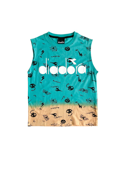 T-shirt smanicata effetto sfumato petrolio/arancione per bambino