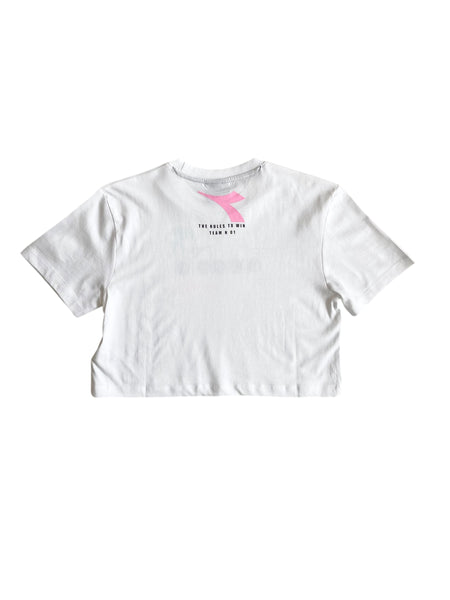 T-shirt cropped bianca con logo per bambina