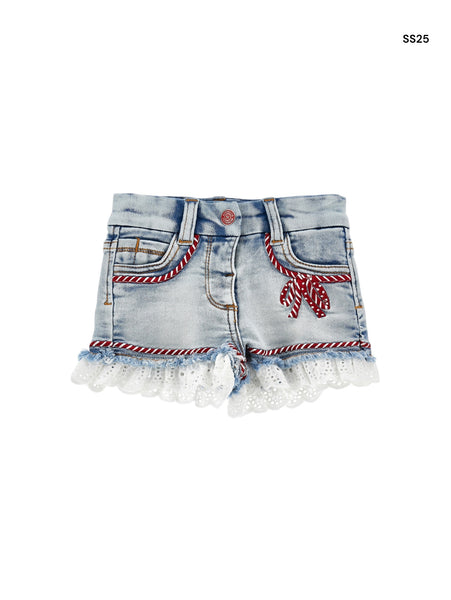 Short in denim con pizzo sangallo per bambina