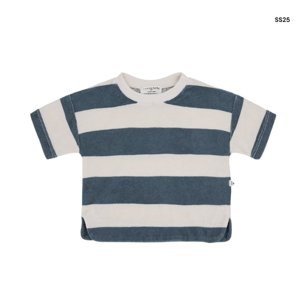 T-shirt in spugna a righe panna e petrolio per neonati