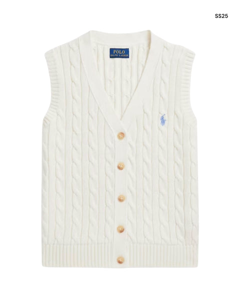 Gilet bianco in maglia di cotone a trecce per bambina