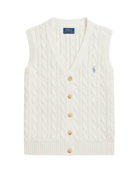 Gilet bianco in maglia di cotone a trecce per bambina