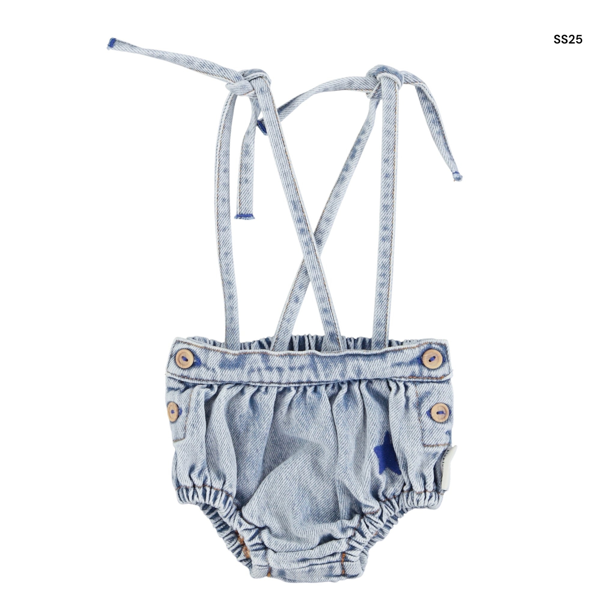 Short in denim chiaro con bretelline per neoanata