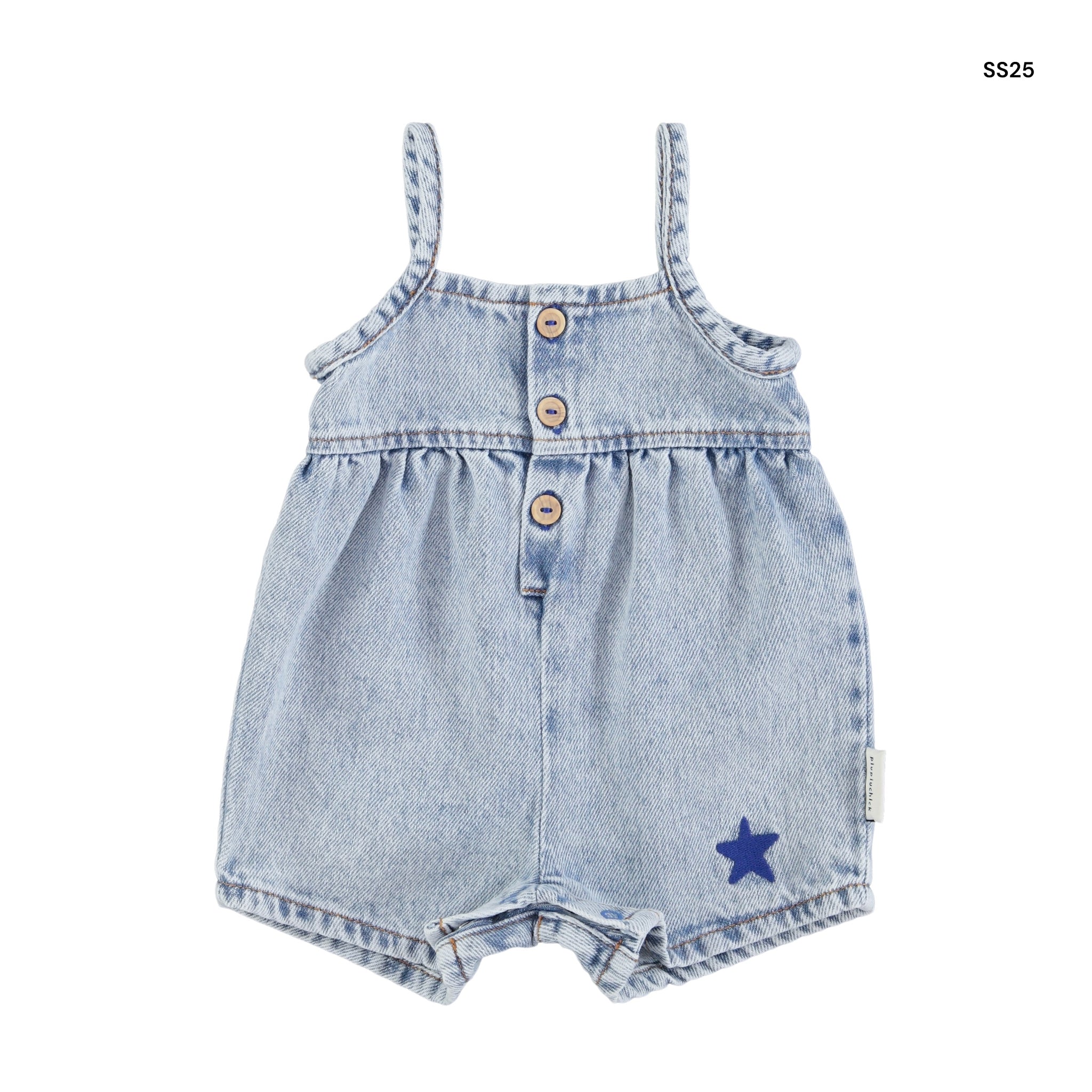 Salopette corta in denim chiaro per neonata