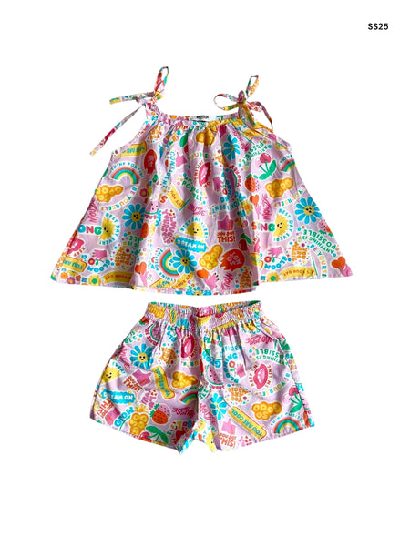 Completo multicolor con stampa all over per neonata e bambina