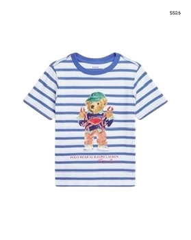 T-shirt bianca a righe avio con stampa per neonati e bambini