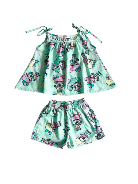 Completo multicolor con stampa all over per neonata e bambina