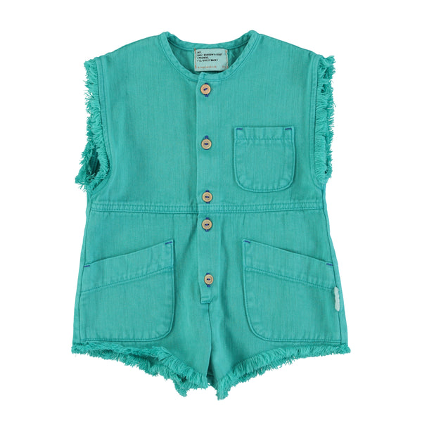 Tuta corta in denim turchese per neonata e bambina