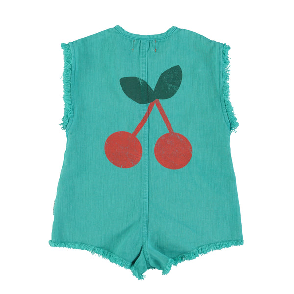 Tuta corta in denim turchese per neonata e bambina