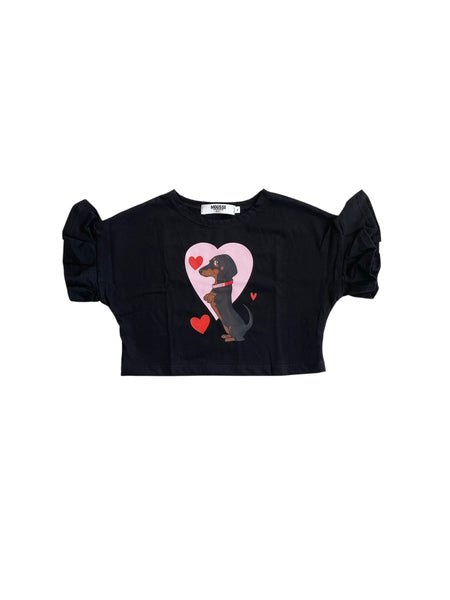 T-shirt cropped nera con stampa per neonata e bambina Mousse kids LKTSC130B BASSET 