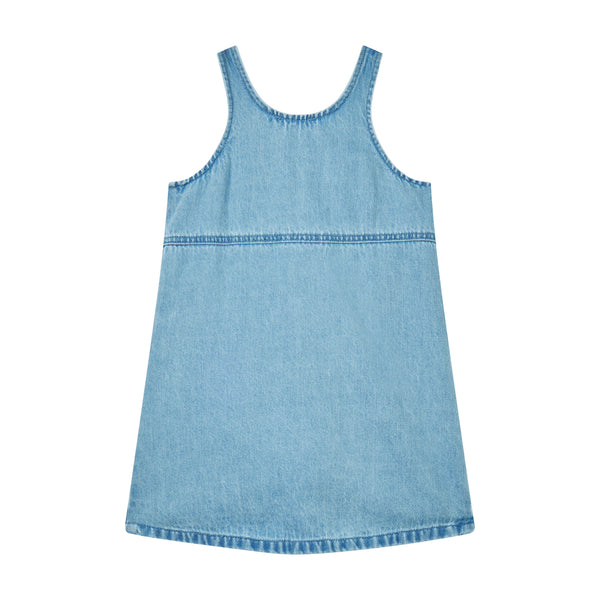 Salopette in denim celeste con pietre per bambina