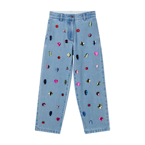 Jeans in denim celeste con pietre per bambina