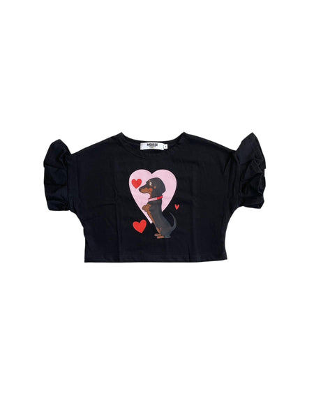 T-shirt cropped nera con stampa per neonata e bambina Mousse kids LKTSC130B BASSET 