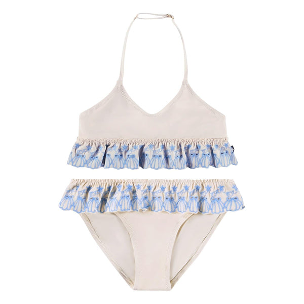 Bikini beige con dettagli celesti ricamati per neonata e bambina Molo NANDA 5602 