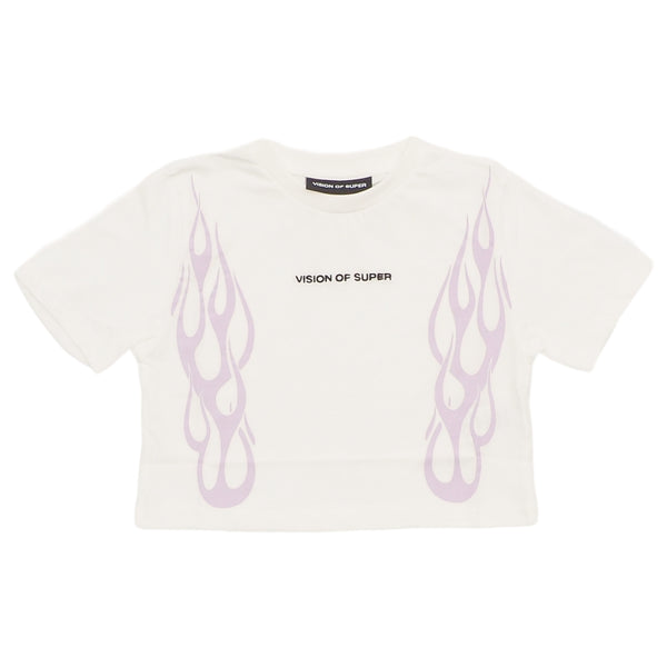 T-shirt cropped bianca con logo e stampa viola per bambina