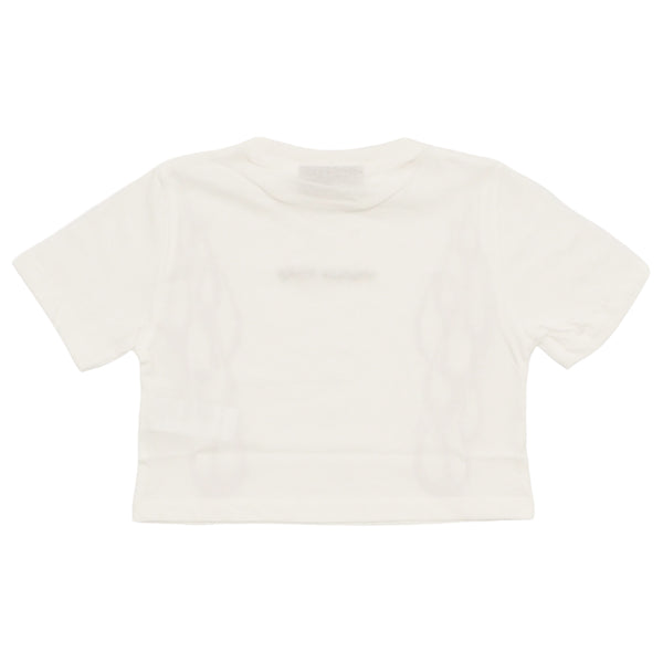 T-shirt cropped bianca con logo e stampa viola per bambina