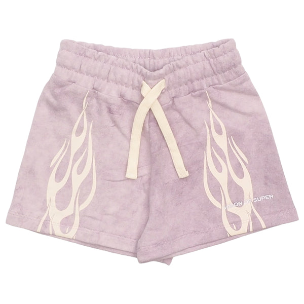 Short in felpa viola con logo e stampa bianca per bambina