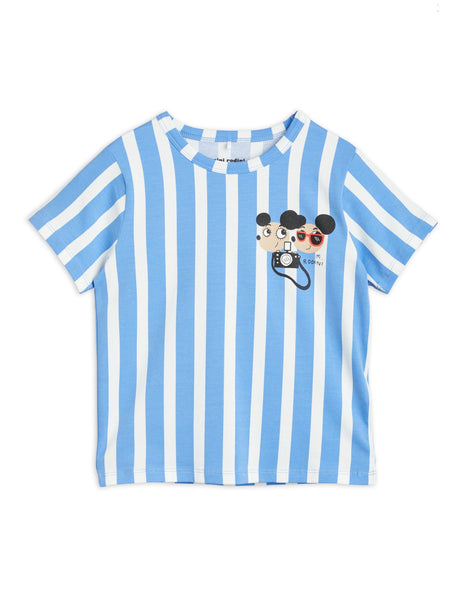 T-shirt a righe blu con stampa per neonati e bambini