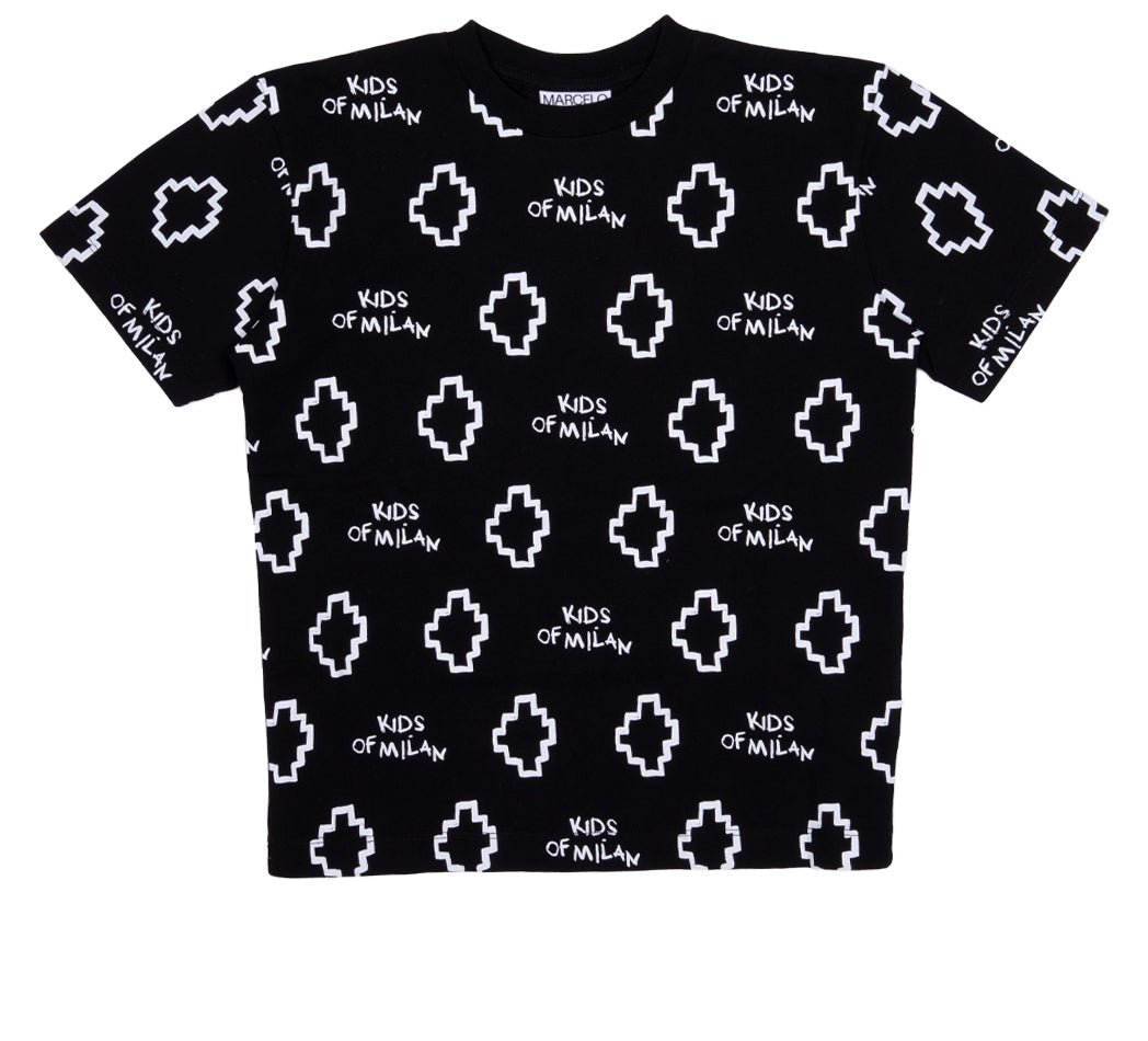 T-shirt nera con stampa logo all over