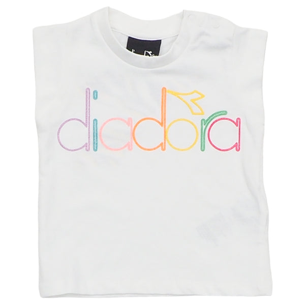 Completo t-shirt bianca + short multicolor con logo per neonata