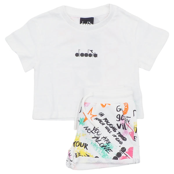 Completo t-shirt bianca + short con logo per neonata e bambina
