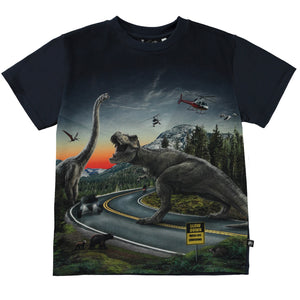 T-shirt blu con stampa Jurassic Word per bambino