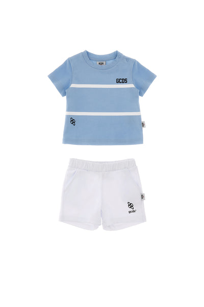 Completo t-shirt azzurra + short bianco per neonato