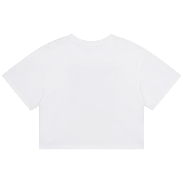 T-shirt bianca con stampa e ricamo per bambina