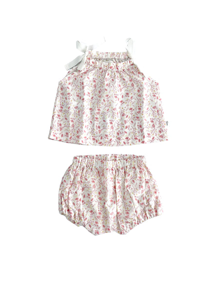 Completo blusa + culotte pompelmo rosa con stampa fiori all over per neonata