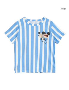T-shirt a righe blu con stampa per neonati e bambini