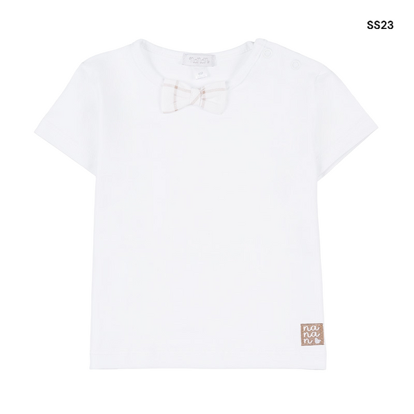 T-shirt bianca con papillon a quadri beige per neonato