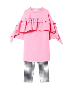 Completo maxi t-shirt rosa + leggings  pied de poule per neonata e bambina