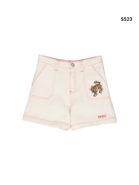 Shorts in denim rosa con logo per bambina