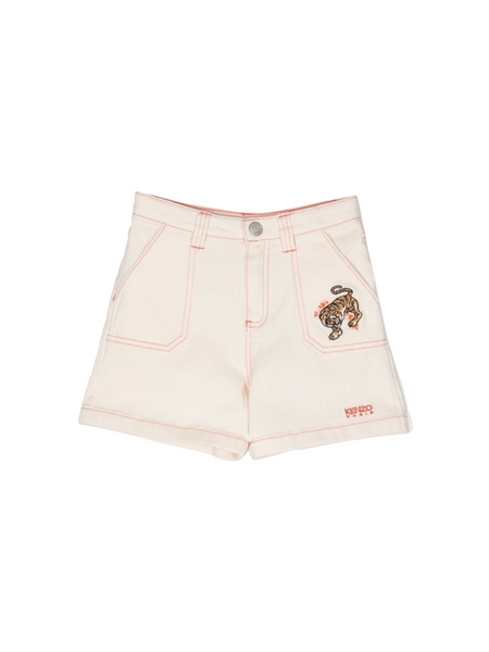 Shorts in denim rosa con logo per bambina