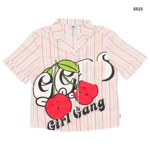 Camicia a righe multicolor con ciliegie per bambina
