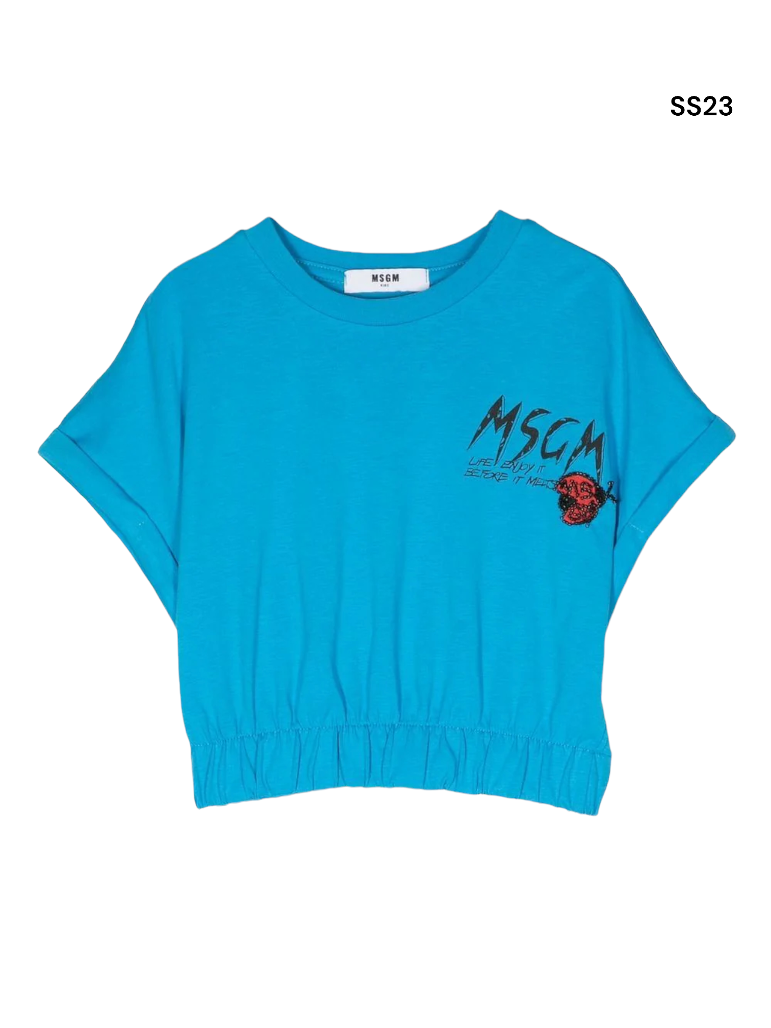 T-shirt corta azzurra con logo per bambina